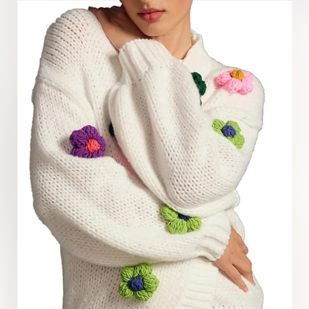 New Maeve x Anthropologie White Susannah 3D Daisy Knitted Cardigan Sweater sz OS